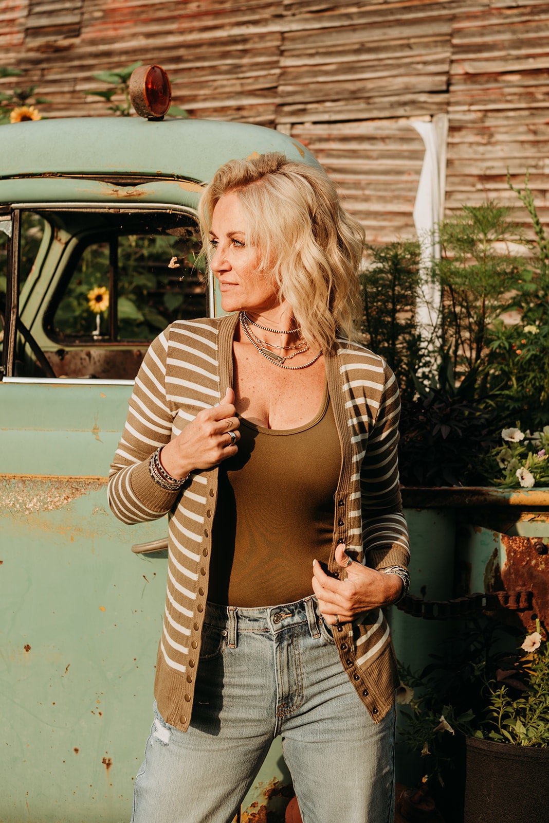 Collette Fitted Cardigan Khaki Ivory Stripe