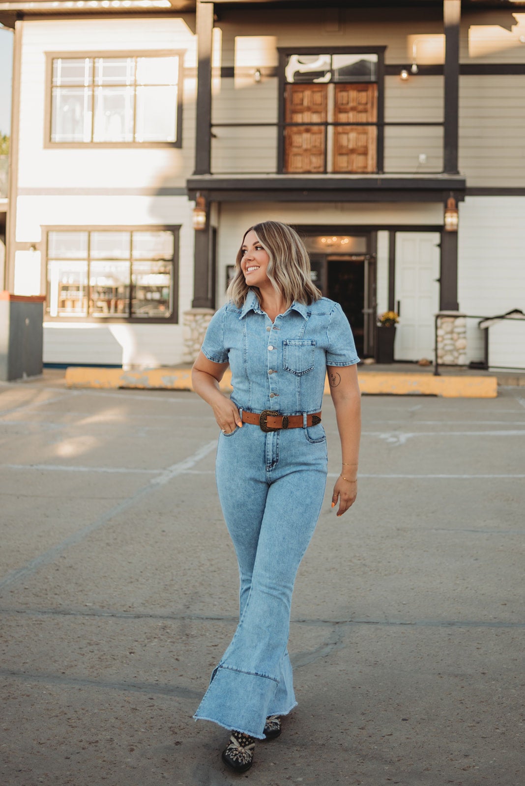 Light wash denim jumpsuit shop