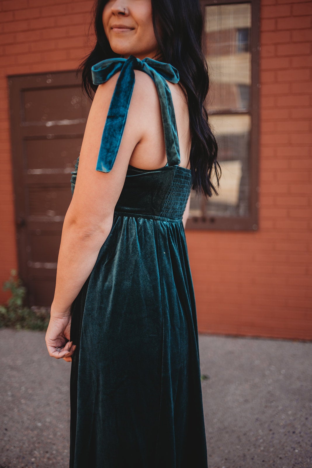 Green velvet pleated dress top